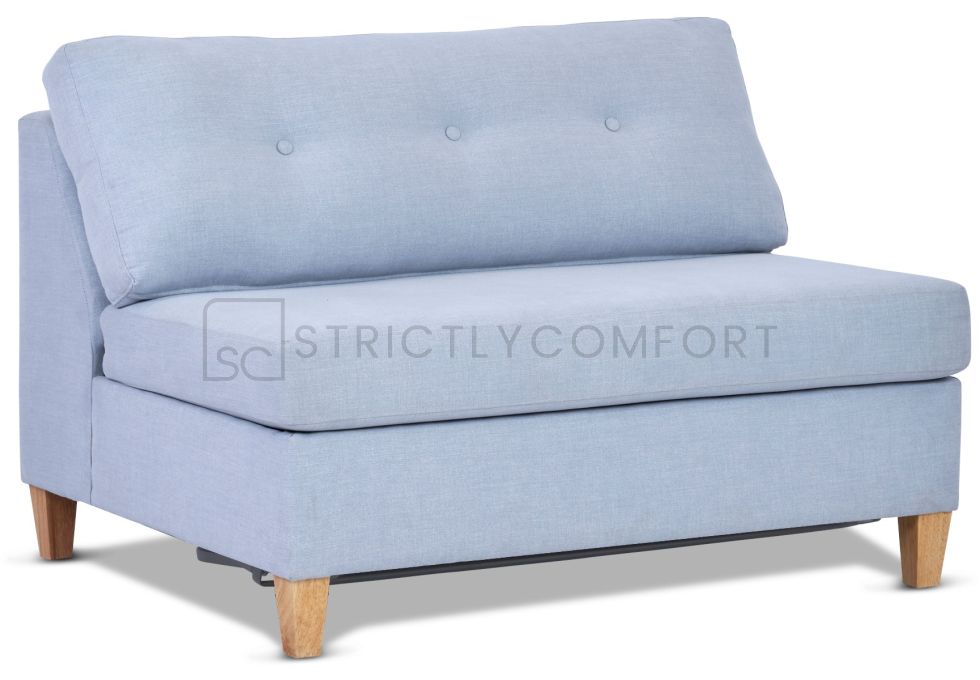 Neo single sofa bed featuring buttoned back cushions in Wortley - Drift - Glacier light blue grey fabric