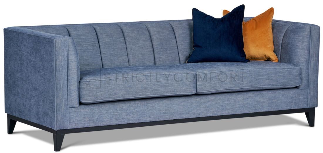 Belmore 3 Seater sofa featuring Wortley Maison Neptune denim blue linen fabric