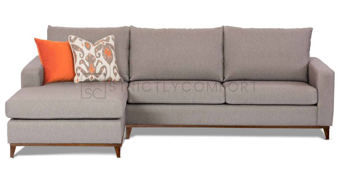 Davinci modular 3 seater with chaise featuring Wortley fabric with timber base