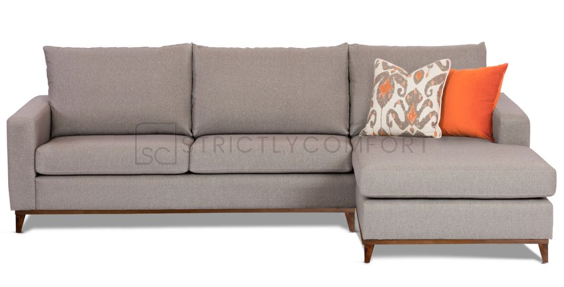 Davinci modular 3 seater with chaise featuring Wortley fabric with timber base