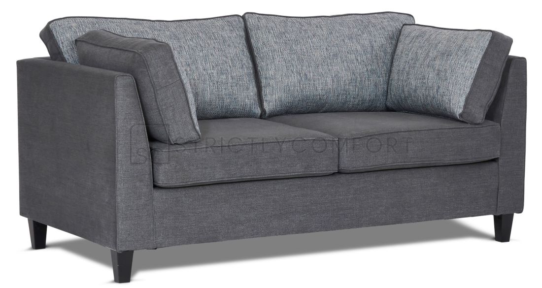 Villa sofa featuring Wortley Drift Zinc grey suede fabric complemented with Couture Baltic Grey and Blue pattern fabric