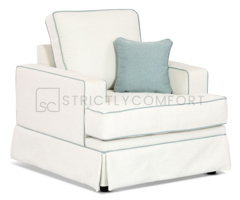 Suzanne Armchair featuring Warwick Bodhi fabric with optional contrast piping