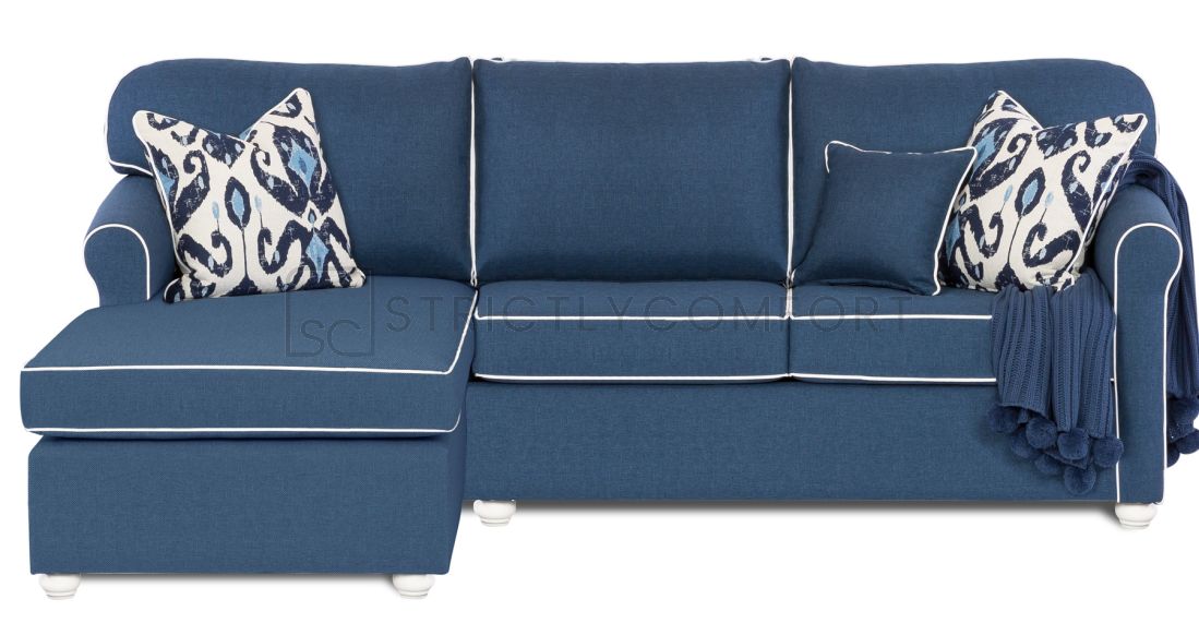 Carmen Modular Sofa bed featuring Navy Blue Zepel Fabric with White Contrast Piping