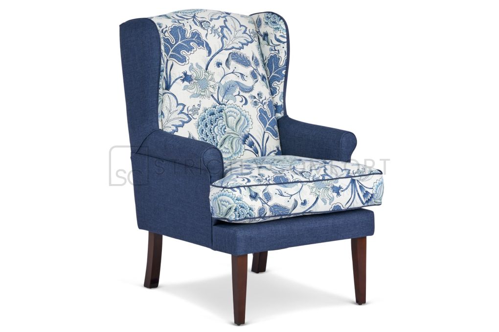 Ritz occasional chair featuring Profile Portsea ocean pattern fabric in blue greens and white along with Zepel Fiji Marine.