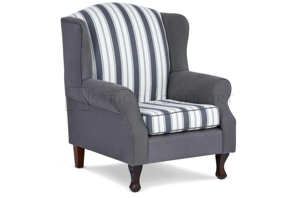 Wing feature featured in charcoal fabric with charcoal and white stripes.