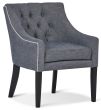 Chantelle Chair featuring button back in Wortley Maison Neptune grey fabric with additional white contrast piping