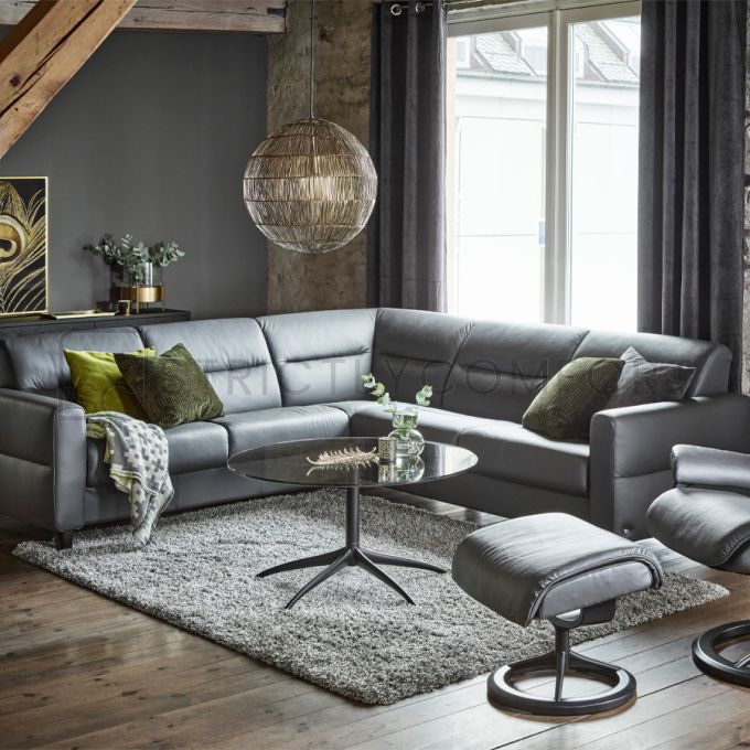 Stressless Fiona Modular Sofa in Paloma Rock Leather featuring Upholstered Arms