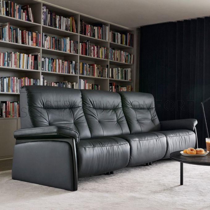 Stressless Mary Reclining Sofa 3 Seater in Paloma Rock Leather with Wood Finish on the Arms