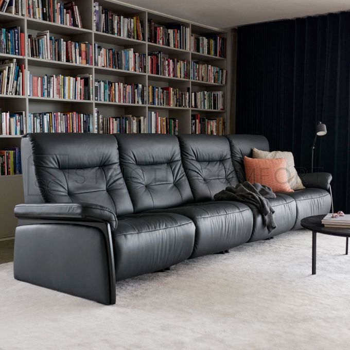 Stressless Mary Reclining Sofa 4 Seater in Paloma Rock Leather with Wood Finish on the Arms