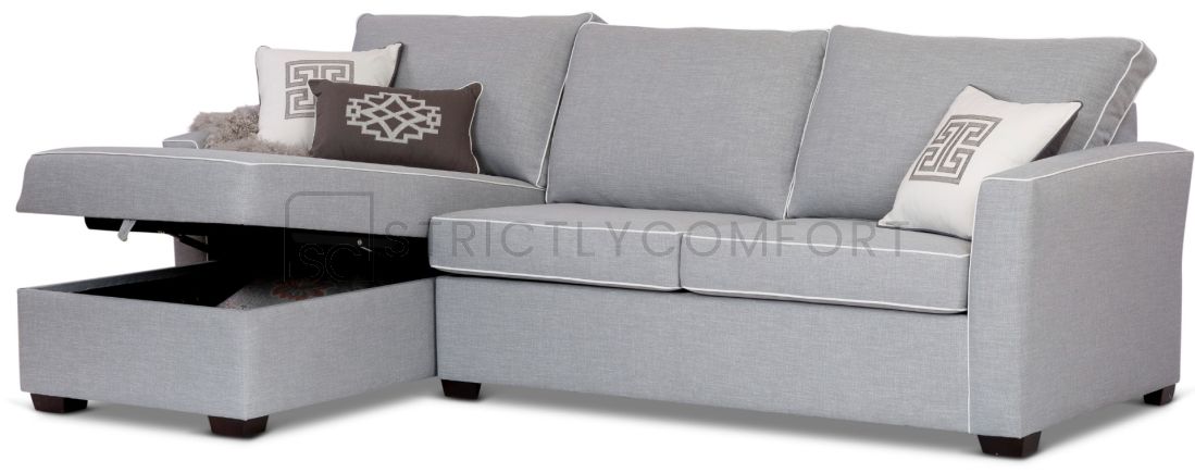 Caprice Modular Sofa bed Double and storage chaise featuring Warwick Keylargo Zinc in white contrast piping