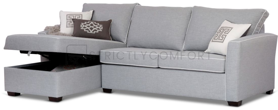 Caprice Modular sofa with storage chaise featuring Warwick Keylargo Zinc with white contrast piping. 
