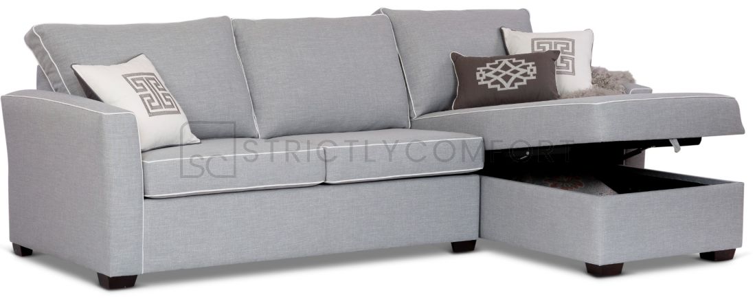 Caprice Modular Sofa bed Double and storage chaise featuring Warwick Keylargo Zinc in white contrast piping