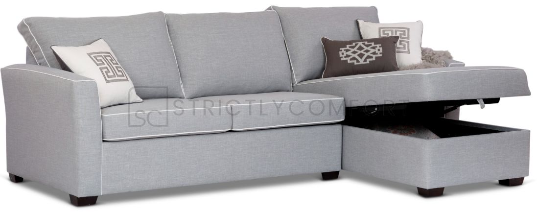 Caprice Modular sofa with storage chaise featuring Warwick Keylargo Zinc with white contrast piping. 