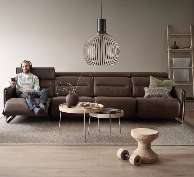 Stressless Emily Sofa Upholstered in Paloma Chestnut Leather and featuring Stainless Steel Arms