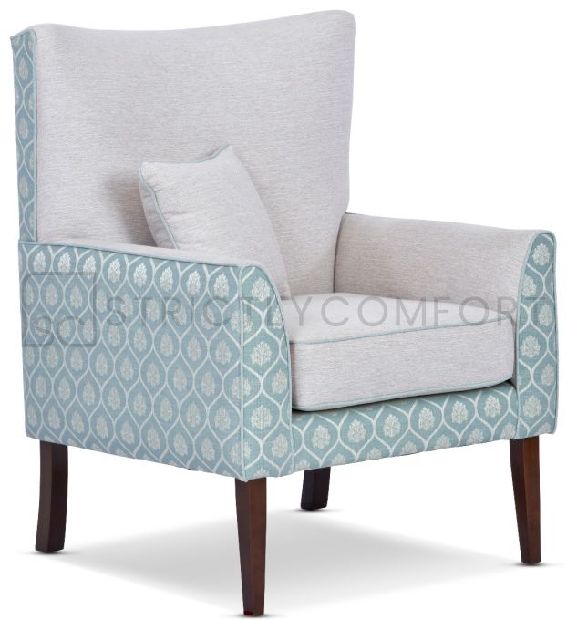 Mosman Chair featuring Wortley Tivoli range in warm grey and Warwick Aylesbury pattern range duckegg colour