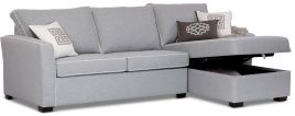 Caprice Modular sofa with storage chaise featuring Warwick Keylargo Zinc with white contrast piping. 