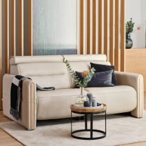 Stressless Emily 2 Seater Reclining Sofa featuring Cori Fog leather and Oak Wood Arms