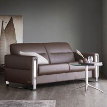 Stressless Fiona Sofa in Paloma Chestnut Leather featuring Polished Metal finish on the arms