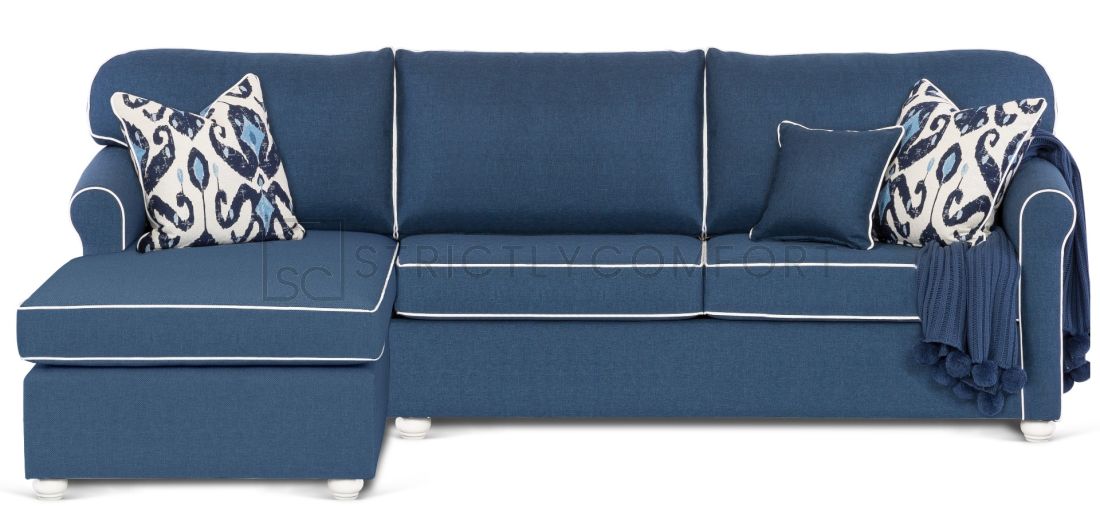 Carmen Modular Sofa bed featuring Navy Blue Zepel Fabric with White Contrast Piping