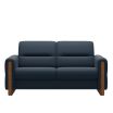 Stressless Fiona 2 Seater Sofa in Oxford Blue Leather with Teak Wood Finish on the Arms