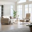 Stressless Fiona 3 Seater Sofa in Clover Light Beige Fabric featuring Upholstered Arms and Oak Wood Legs