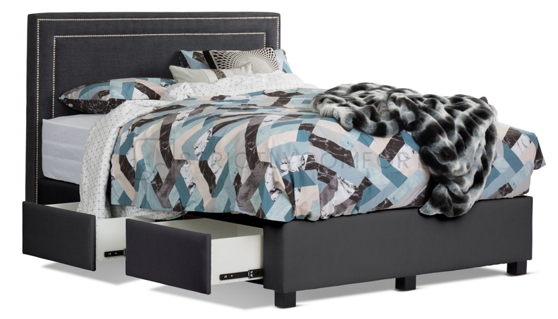 Elliot free standing bedhead behind Drawer storage bed featuring profile fabric with studs