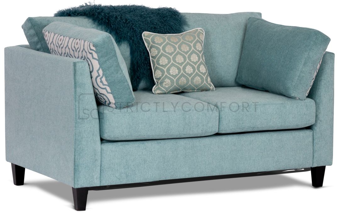 Villa 2 seater single sofa bed featuring Warwick Antila Reef aqua colour soft fabric