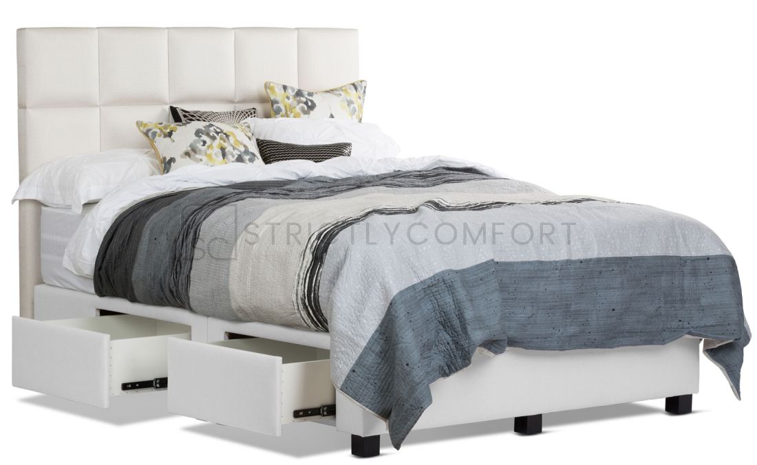 Deon drawer base featuring Wortley fabric with modern bedhead