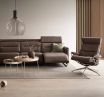 Stressless Emily Reclining Sofa Featuring Paloma Chestnut Leather and Stainless Steel Arms